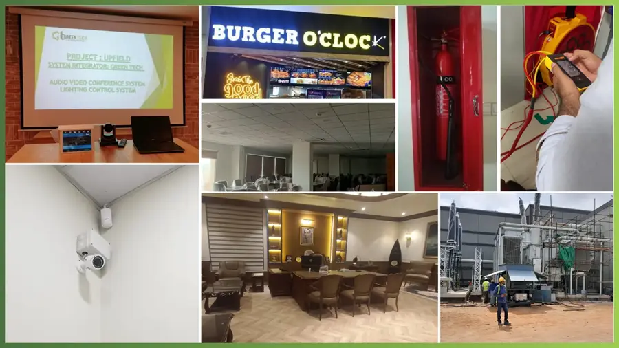 A collage showcasing various Fire Safety & Security Projects by GreenTech Solution, including CCTV camera installations, fire extinguisher setups, AV conference systems, industrial safety inspections, and security system integrations across commercial and industrial sites, completed by GreenTech Solution.