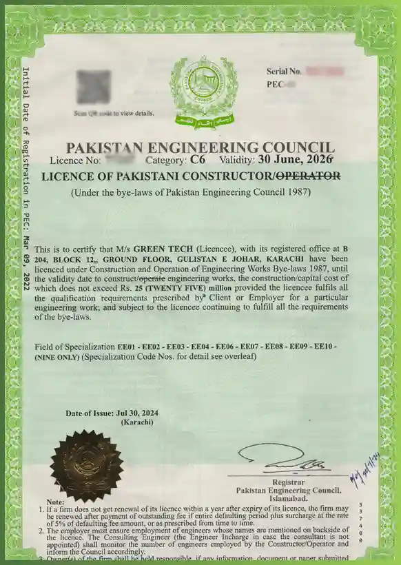 PEC Licence Certificates Achieved by GreenTech