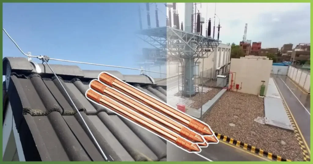 Earthing lightning protection for Landhi & KTPS Grid showing rooftop grounding wire, copper earthing rods, and substation infrastructure, installed by Greentech solutions.