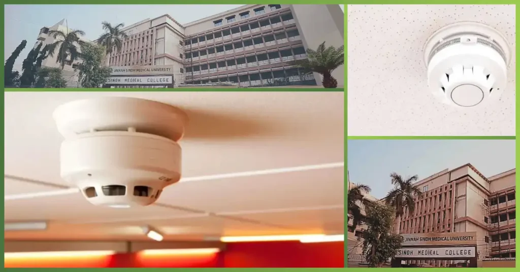 Fire detection at Jinnah Medical University showcasing installed smoke detectors and campus buildings, highlighting advanced fire safety systems by GreenTech Solutoins.