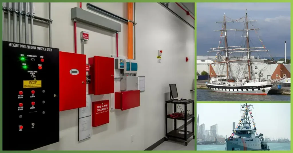 Fire alarm installation at Haider Compak showing control panels, wiring, and safety systems inside a facility, highlighting professional fire protection services by GreenTech Solution.