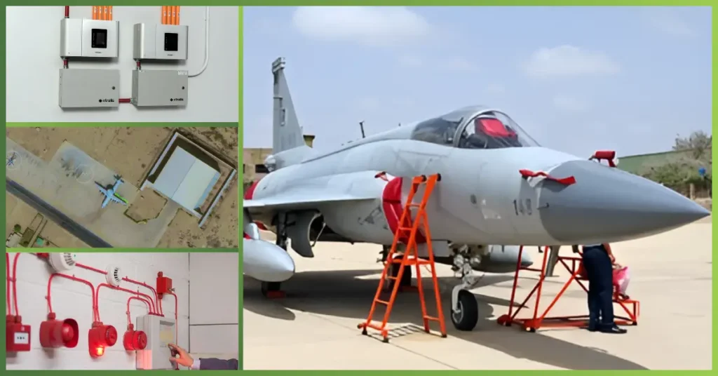Fire Alarm & VESDA Installation at PAF Masroor Base by Greentech, showing advanced fire detection panels, VESDA systems, alarm devices, aerial base monitoring, and maintenance work on a military aircraft for enhanced safety and protection.