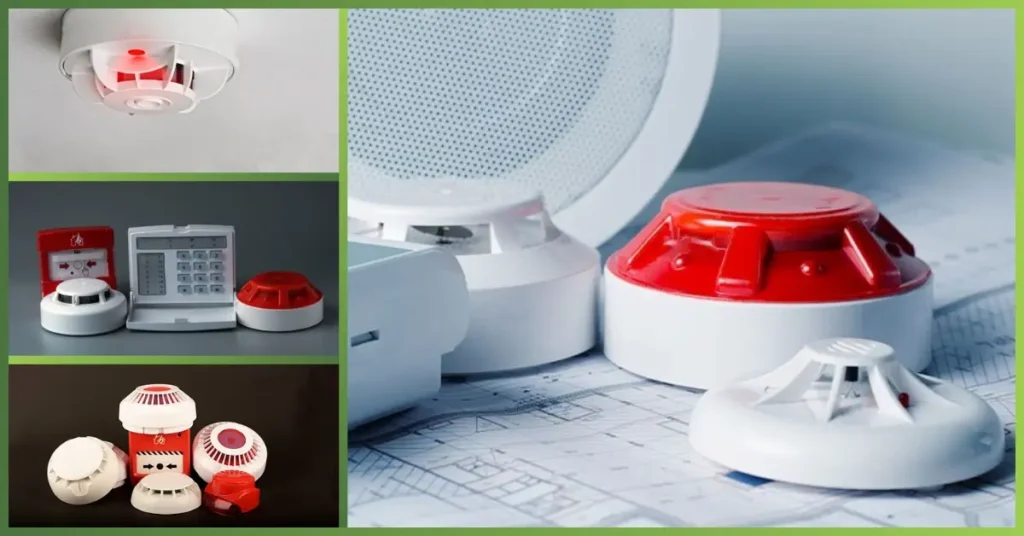 Hybrid Fire Alarm System components including smoke detectors, heat detectors, manual call points, control panel, and alarm sounders displayed on building plans by GreenTech Solutions