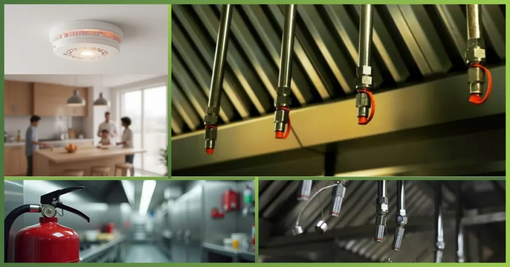 Kitchen Safety setup with fire extinguisher and smoke detector installed by GreenTech solution in a modern cooking area.