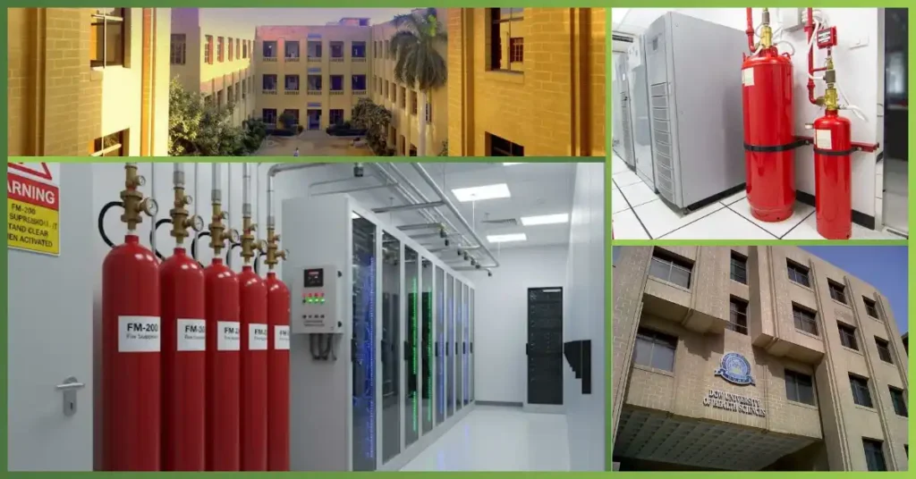 FM200 Suppression System at Dow University of Health Sciences featuring red FM200 gas cylinders, fire suppression equipment, and server room safety installation by GreenTech Solution to protect critical infrastructure and facilities.
