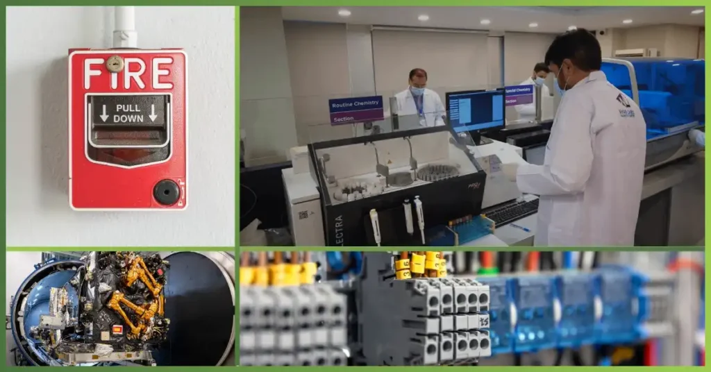 Technician working inside a modern laboratory with advanced testing equipment, combined with a fire alarm pull station, electrical control panels, and industrial wiring setup, showcasing Fire Alarm & Electrical Systems at DP Navy Labs installed and maintained by GreenTech Solutions.