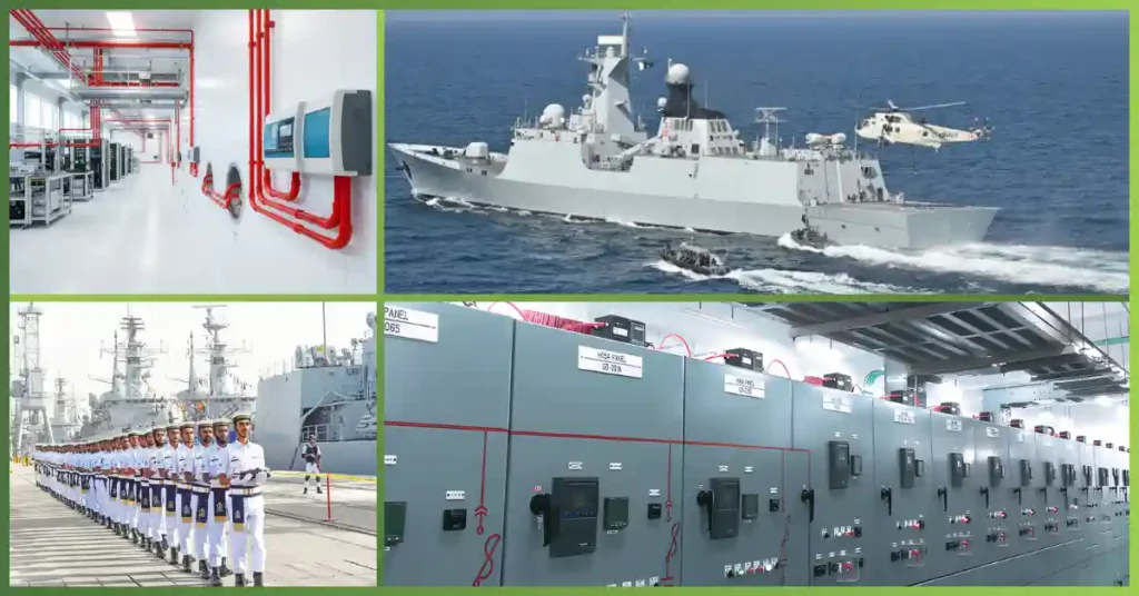 VESDA System at PNS Sadiq showing advanced fire detection piping and control panels inside a facility, alongside naval ships and personnel, highlighting reliable marine safety and protection solutions installed by GreenTech Solution.
