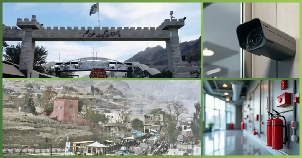 Fire Security Systems at Torkham Border showcasing surveillance cameras, fire extinguishers, and safety infrastructure at Pakistan’s border crossing, ensuring protection and monitoring by GreenTech Solution