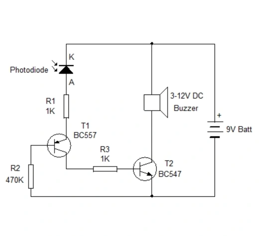 lame Ionization Detector circuit diagram showing a photodiode sensor connected to BC557 and BC547 transistors, resistors (1K and 470K), a 9V battery, and a 3–12V DC buzzer for flame detection – GreenTech Solution