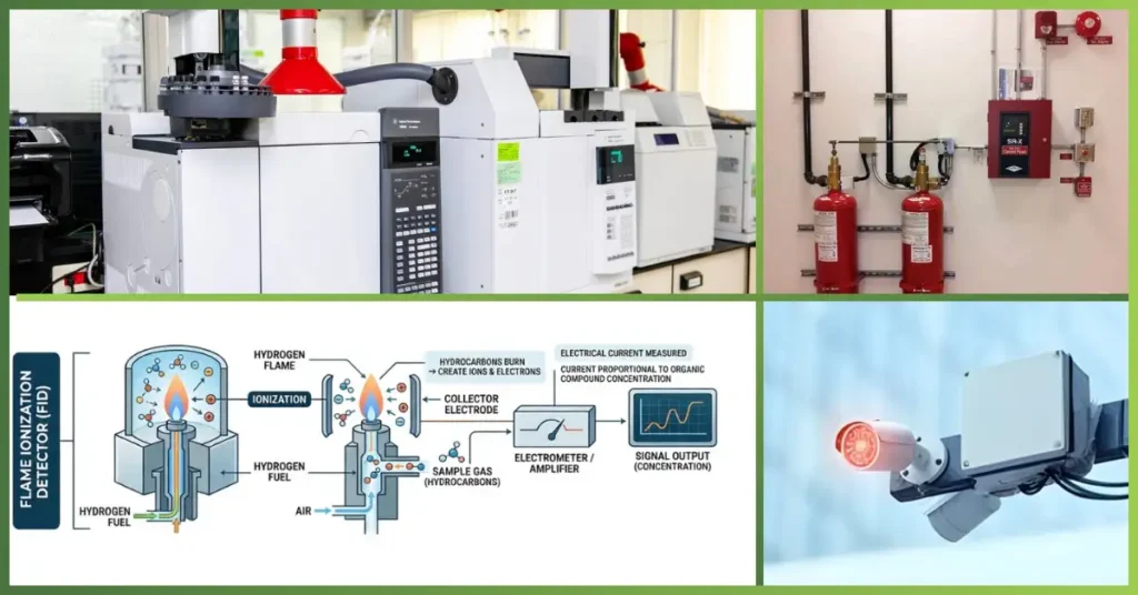 Flame Ionization Detector system showing laboratory equipment, fire suppression setup, ionization detection diagram, and monitoring camera used for industrial fire safety and gas analysis by GreenTech Solutions