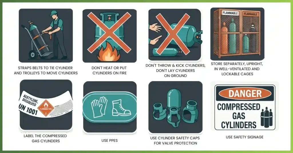 Gas Cylinder Safety – an illustrated guide showing proper handling practices including strapping cylinders to trolleys, avoiding heat and impact, storing cylinders upright in ventilated lockable cages, labeling compressed gas cylinders, using PPE, fitting safety caps, and displaying warning signage, presented by Green Tech.