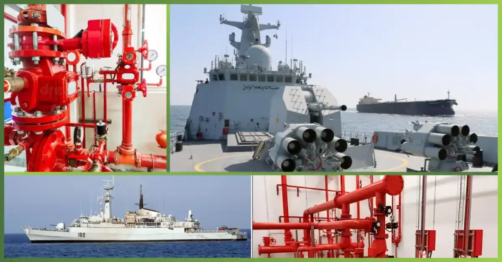 Fire Fighting & Hydrant System at Navy Depo by GreenTech Solution, showcasing red industrial fire protection pipelines, valves, and gauges alongside naval vessels and a warship deck equipped with defense systems at sea.