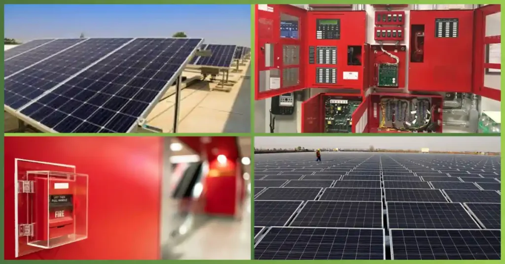 Industrial safety and energy solution by GREENTECH: Integrated fire alarm control systems and large-scale solar panel arrays at the Synergy facility.
