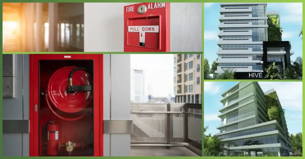 Modern fire alarm and suppression equipment installed during the Fire protection project at HIVE Tower by GreenTech Solution, featuring fire hose cabinet, alarm pull station, and commercial building safety systems.