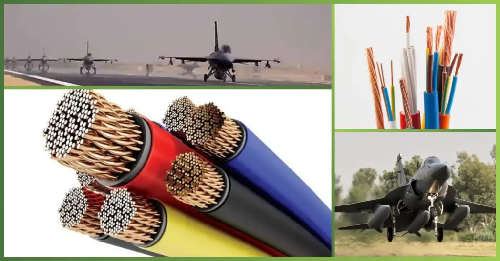 GreenTech collage showing industrial fire-resistant copper cabling bundles alongside fighter aircraft at a military airbase.