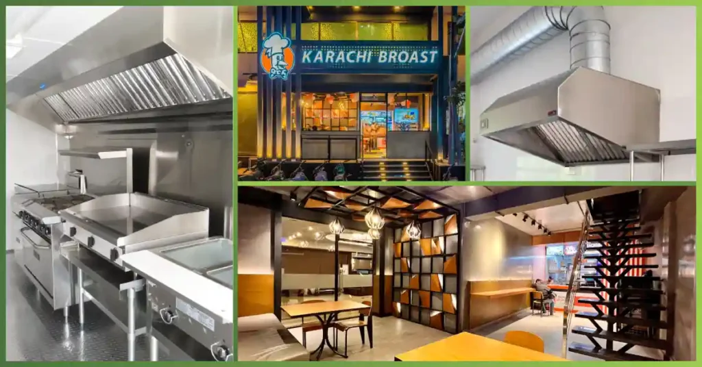 GreenTech commercial ventilation collage titled "Kitchen Hood System at Karachi Broast," showcasing stainless steel commercial kitchen exhaust hoods and restaurant interior installations.