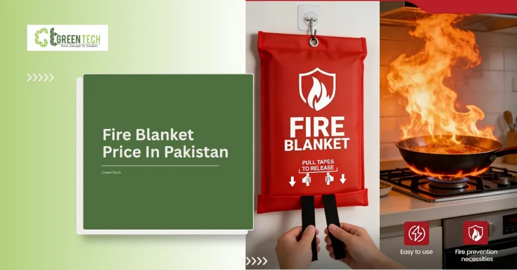 GreenTech promotional web banner titled "Fire Blanket Price In Pakistan" featuring an emergency fire blanket pouch hanging on a wall next to a stove with a pan fire.