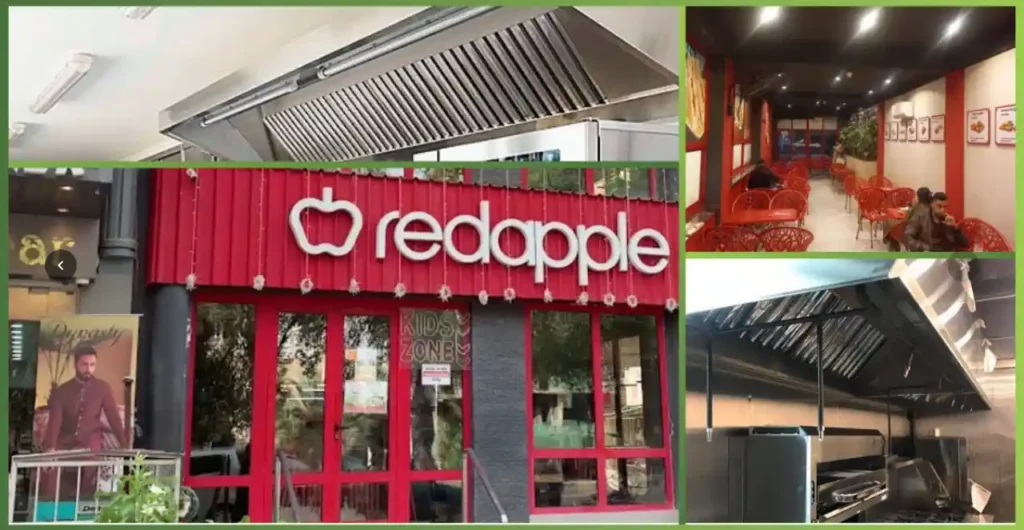 Kitchen Hood Suppression at Red Apple featuring commercial kitchen exhaust hoods, restaurant interiors, and professionally installed fire suppression systems designed to protect cooking areas from fire hazards by GreenTech Solution.