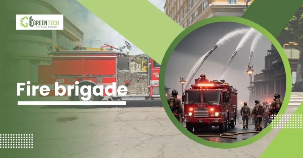 GreenTech web banner titled "Fire brigade" showing firefighters operating emergency fire engines with high-pressure water hoses deployed.