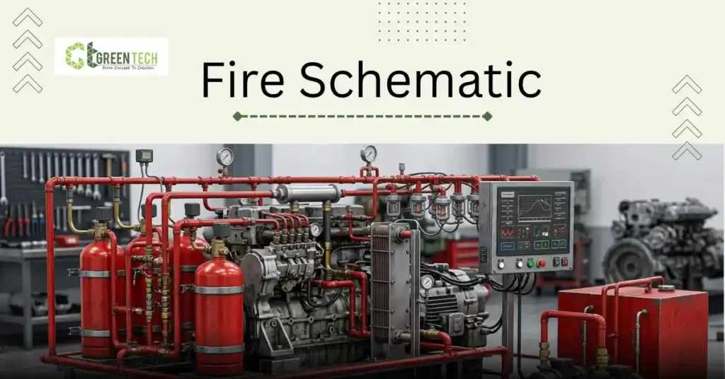 GreenTech promotional banner illustrating fire schematic layout, industrial fire pump system diagram, suppression system installation, gas fire extinguishing setup, and safety engineering.