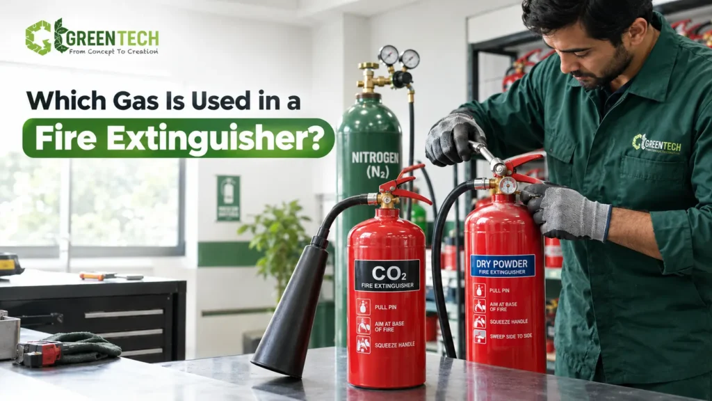 GreenTech Solution technician inspecting CO2 and dry powder fire extinguishers while explaining which gas is used in a fire extinguisher.