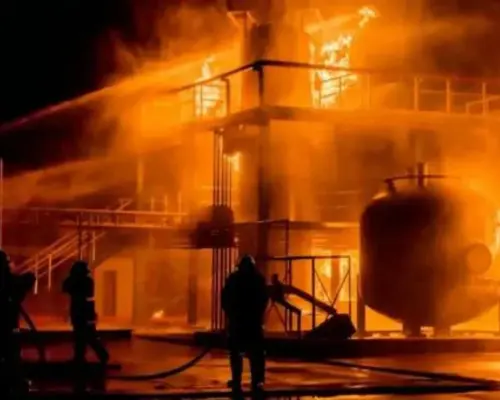Industrial Operation Fire Safety image showing firefighters responding to a large industrial facility fire, demonstrating emergency fire suppression, industrial risk management, and comprehensive fire protection solutions by GreenTech Solution.