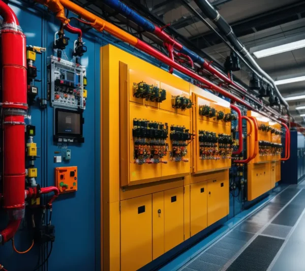 Industrial Operation Fire Safety image featuring industrial control panels, electrical automation systems, and integrated fire protection piping, highlighting advanced fire safety, monitoring, and operational security solutions by GreenTech Solution.