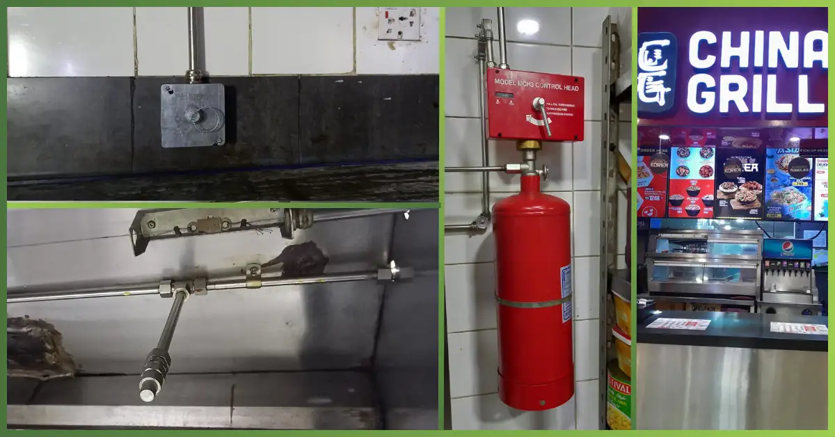 Commercial kitchen setup at China Grill featuring hood suppression system, piping, and fire extinguisher setup demonstrating China Grill kitchen hood fire safety, professionally implemented by GreenTech Solution.