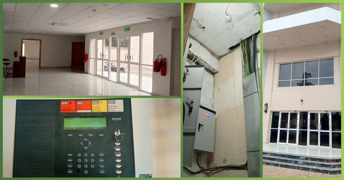 Modern building interior showcasing Fire Alarm System Installation at Mess with control panel, wiring setup, detectors, and safety equipment across multiple areas, professionally executed by GreenTech Solution.