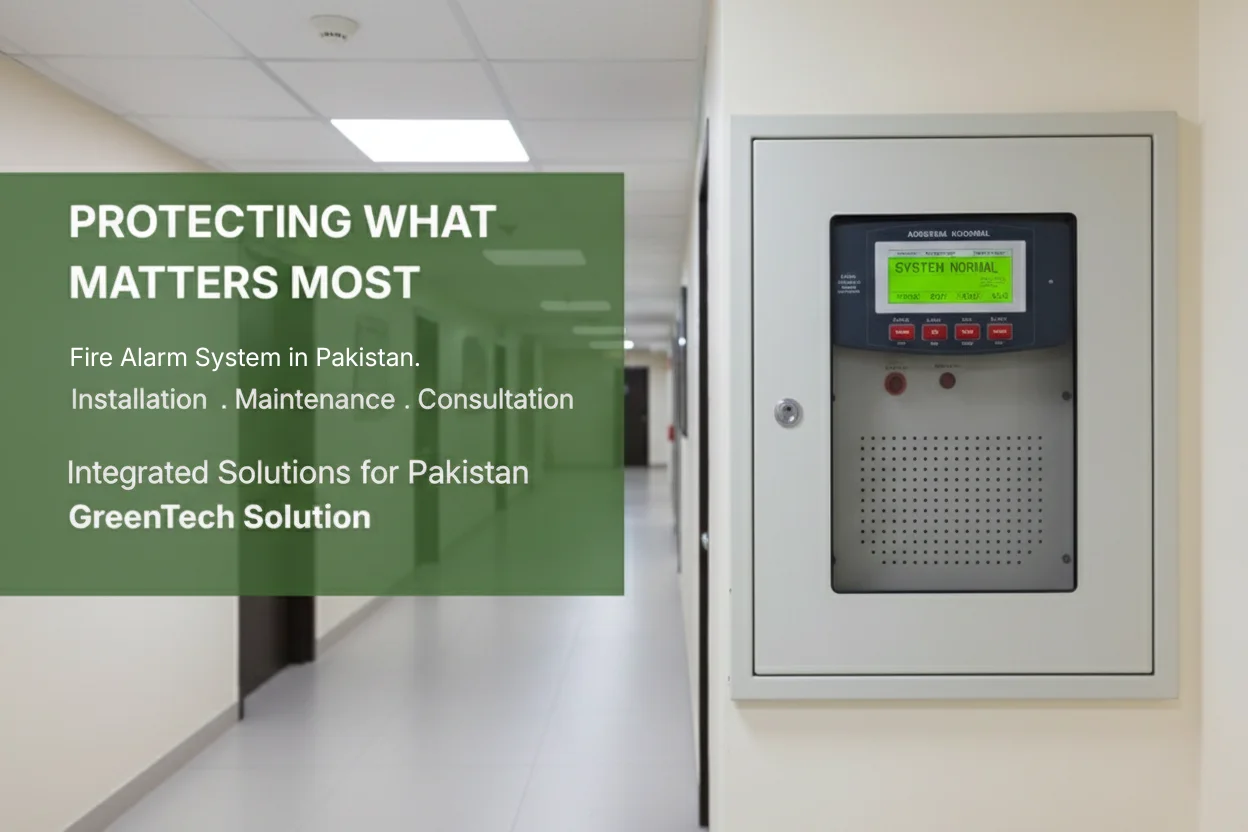 A digital control panel for a Fire Alarm System in Pakistan by Greentech mounted on a white wall, displaying a System Normal status in a bright corridor.
