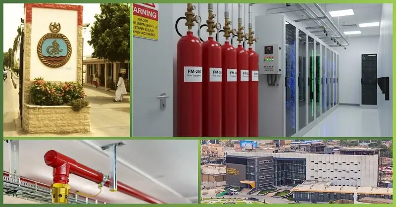 Fire Supression System at PNS Shifa showing FM-200 gas cylinders, fire sprinkler piping, and protected server room infrastructure installed by GreenTech Solutions.