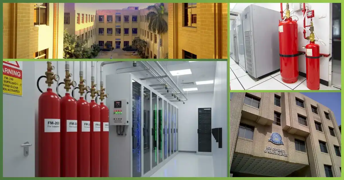 FM200 Suppression System at Dow University of Health Sciences featuring red FM200 gas cylinders, fire suppression equipment, and server room safety installation by GreenTech Solution to protect critical infrastructure and facilities.