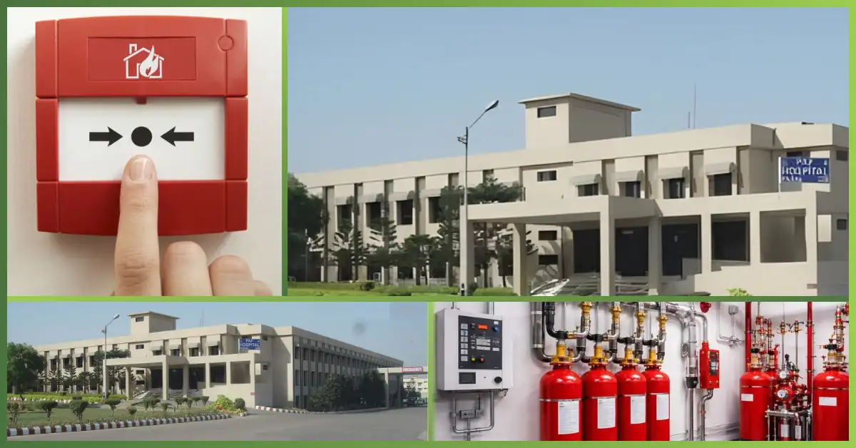 Firefighting System at PAF Hospital featuring a fire alarm call point, hospital building exterior, and installed fire suppression cylinders and control panel, showcasing professional safety solutions by GreenTech Solution.