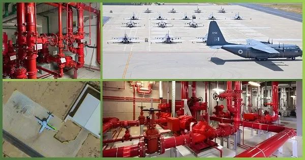 Fire Fighting System at PAF Masroor Base showing installed red fire suppression pipelines, hydrant valves, pump room equipment, and aerial view of airbase facilities with fighter jets, highlighting advanced safety infrastructure by GreenTech Solutions.