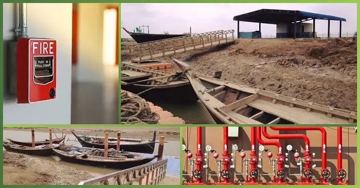 Firefighting System at Shah Bandar featuring fire alarm switch, water intake area near boats, and multiple red fire suppression pipelines installed at the site by GreenTech Solution.
