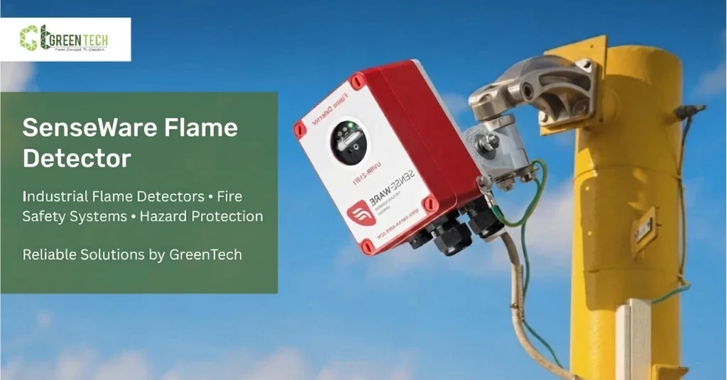 A professional product banner for Greentech Solution featuring the SenseWare Flame Detector, an industrial fire safety system designed for hazard protection.
