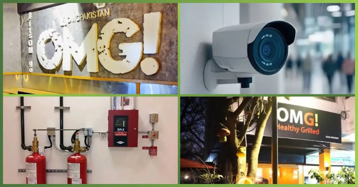 Fire alarm & CCTV system at OMG Restaurant installed with surveillance cameras, fire suppression equipment, and safety monitoring solutions by GreecTech Solution.